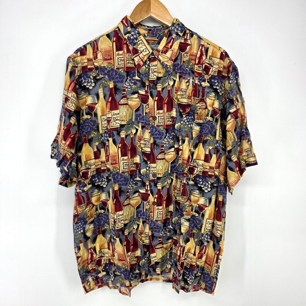 Reyn Spooner Hawaiian Shirt Mens L Multicolor Wine Bottle Grape Rayon Aloha Top